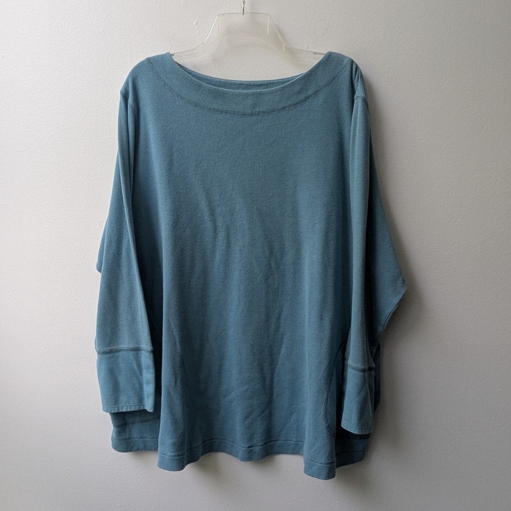 J. Jill Waffle Knit Top Blue Button Cuff Pocket Boat Neck Sz 4X Casual Textured
